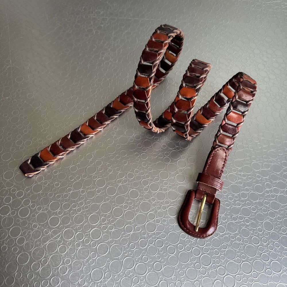 VTG 70s Boho Woven Leather Link Belt Multi Tone Brown Tan Adjustable - Size L